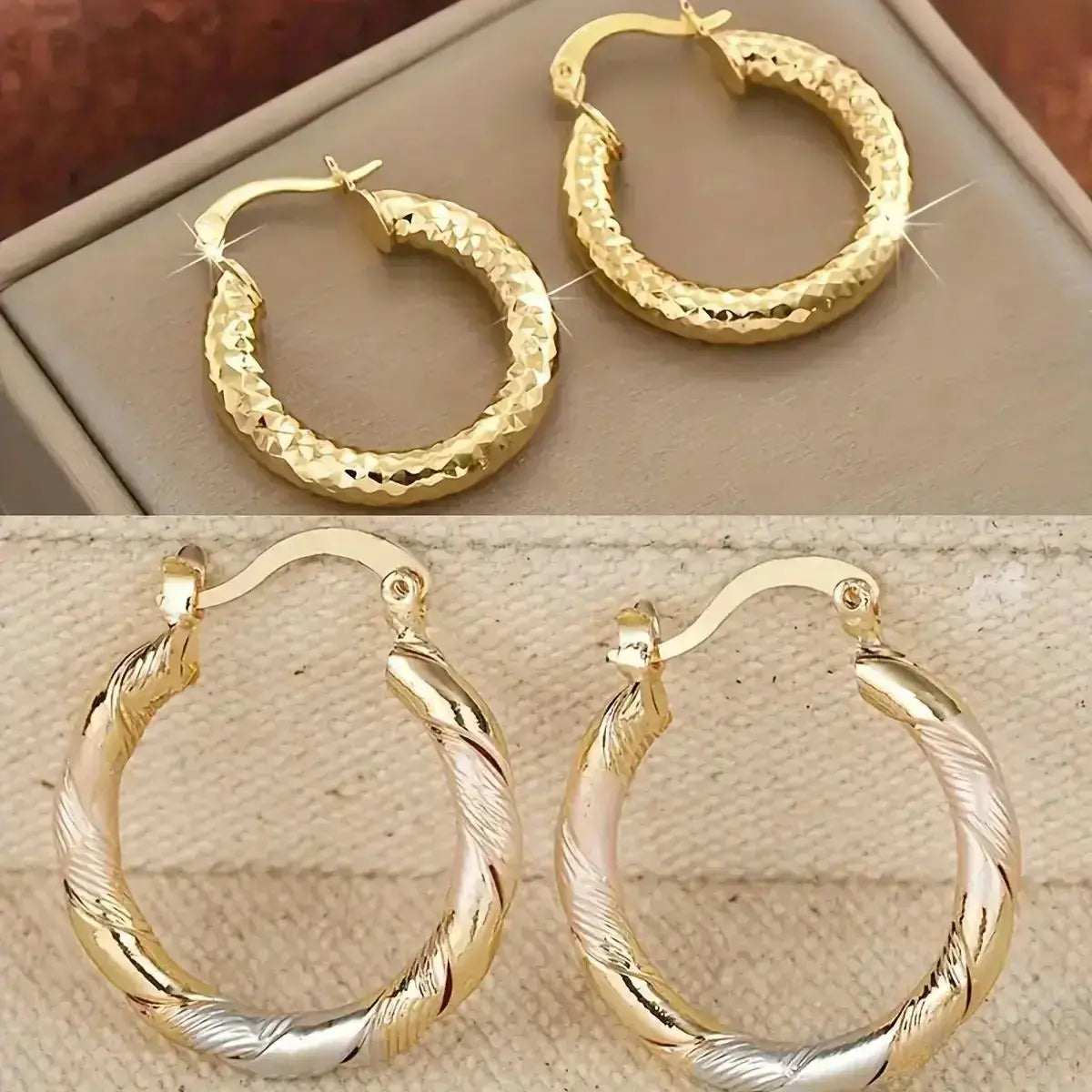 2 Pairs 14K Gold Plated Twisted Hoop Earrings for Women & Men | Lightweight Round Hoop Earrings