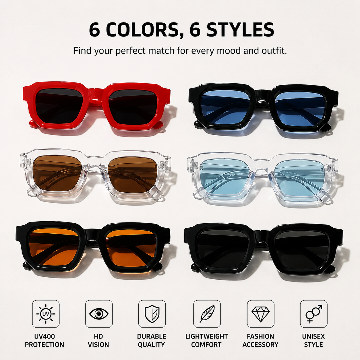 6-Pack Vintage Rectangle Sunglasses | UV400 Fashion Eyewear Set