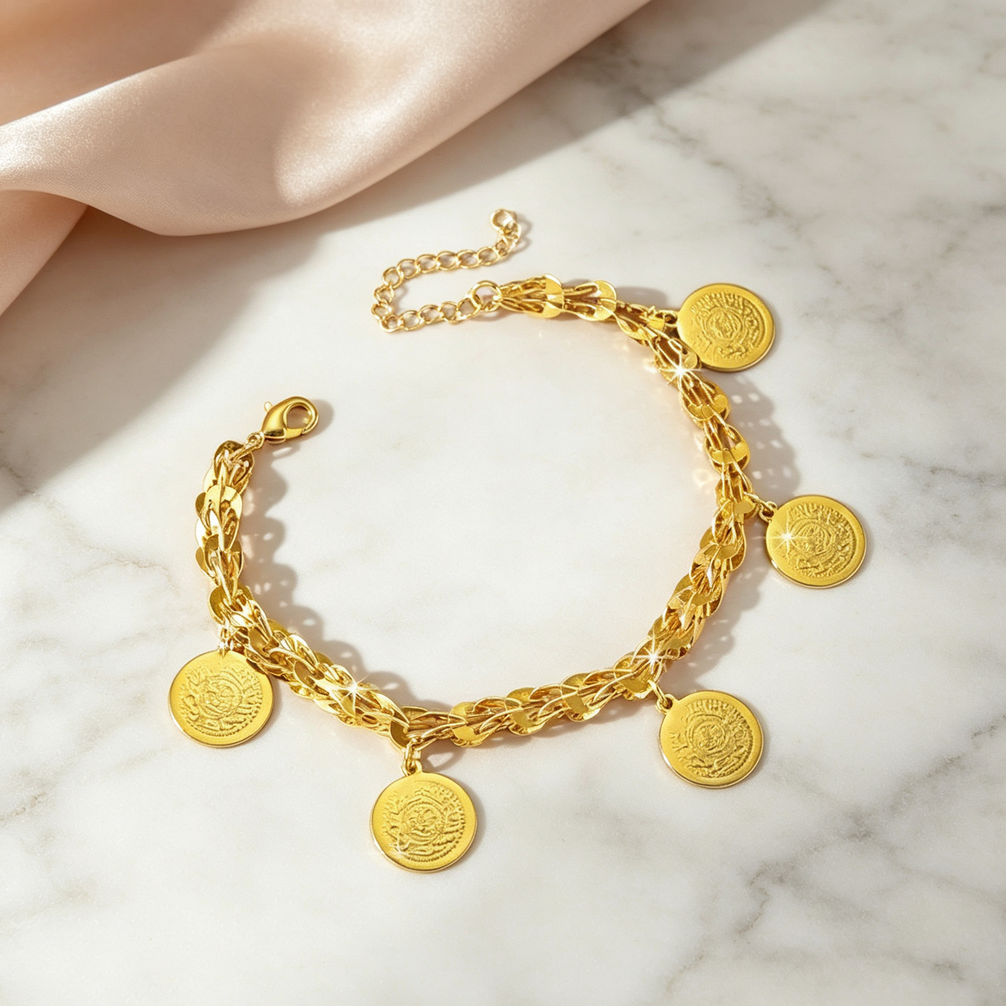 24K Gold Plated Phoenix Coin Bracelet | Vintage Boho Charm Bracelet for Women