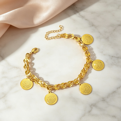 24K Gold Plated Phoenix Coin Bracelet | Vintage Boho Charm Bracelet for Women