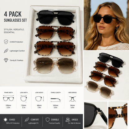 4-Pack Y2K Aviator Sunglasses | Polarized Unisex Retro Shades