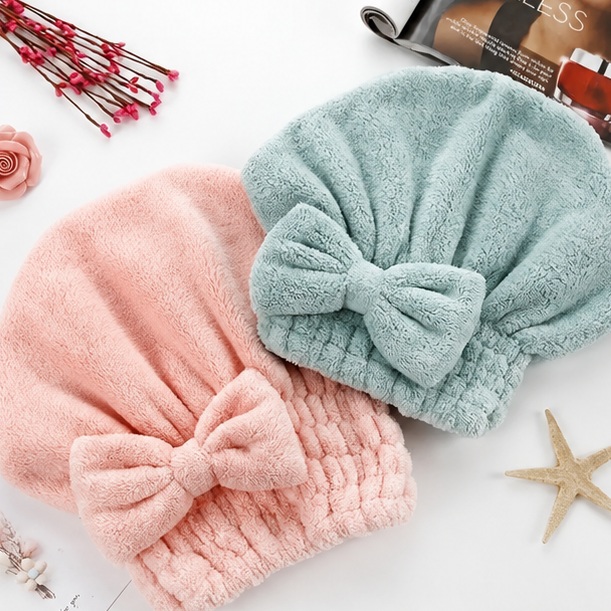 Bow Hair Drying Cap 2-Pack | Soft Absorbent Hair Towel Wrap
