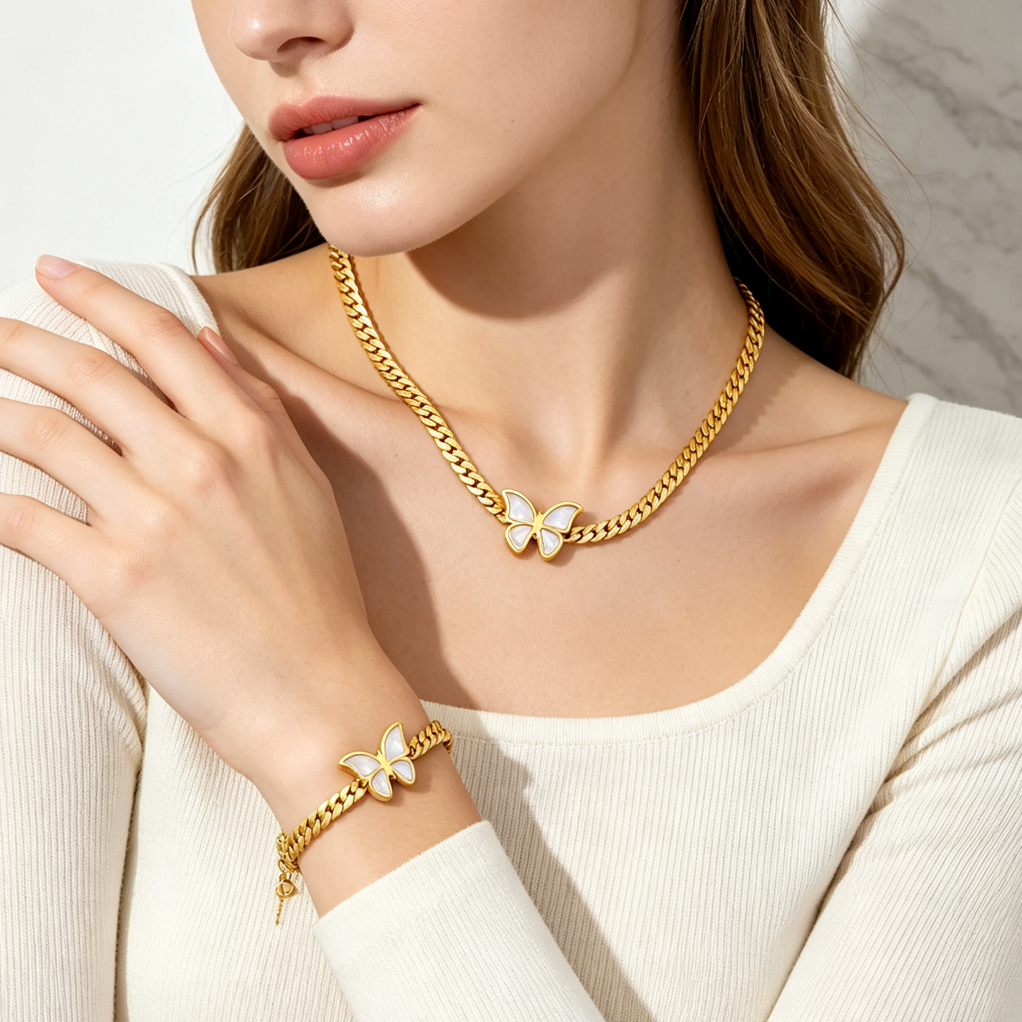 Gold Butterfly Jewelry Set for Women | Tarnish-Free Stainless Steel Necklace & Bracelet Gift Set