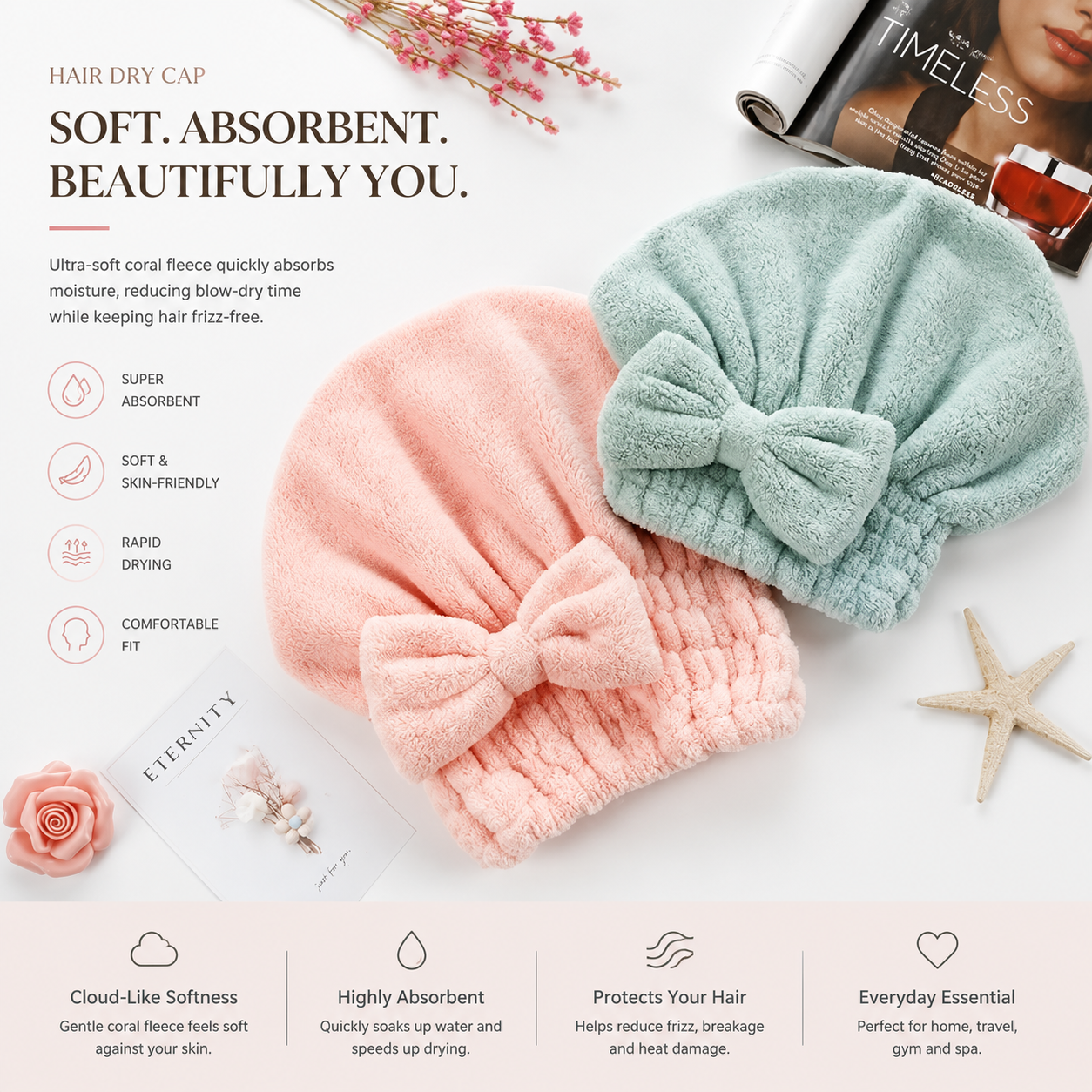 Bow Hair Drying Cap 2-Pack | Soft Absorbent Hair Towel Wrap