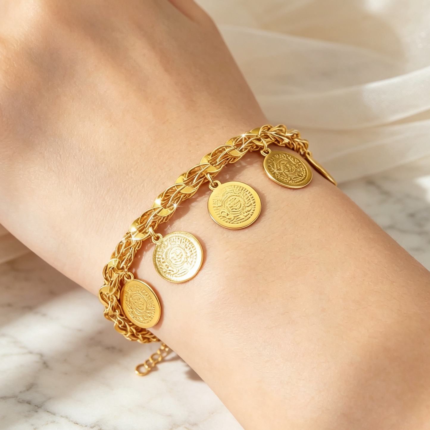 24K Gold Plated Phoenix Coin Bracelet | Vintage Boho Charm Bracelet for Women