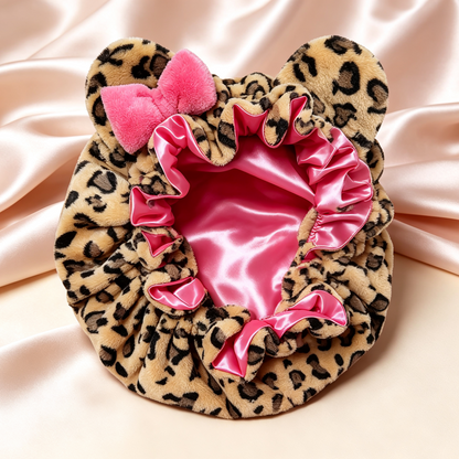Leopard Satin Sleeping Bonnet | Plush Hair Protection Cap for Curly Hair & Night Care