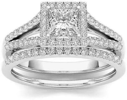 Princess Cut Moissanite Ring Set – Double Band Engagement Ring for Women