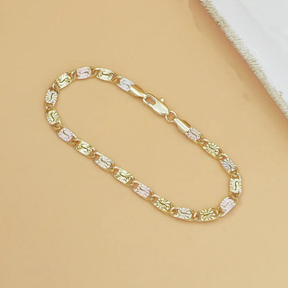 14K Gold Tri-Color Mariner Link Bracelet | Floral Engraved Bracelet for Women