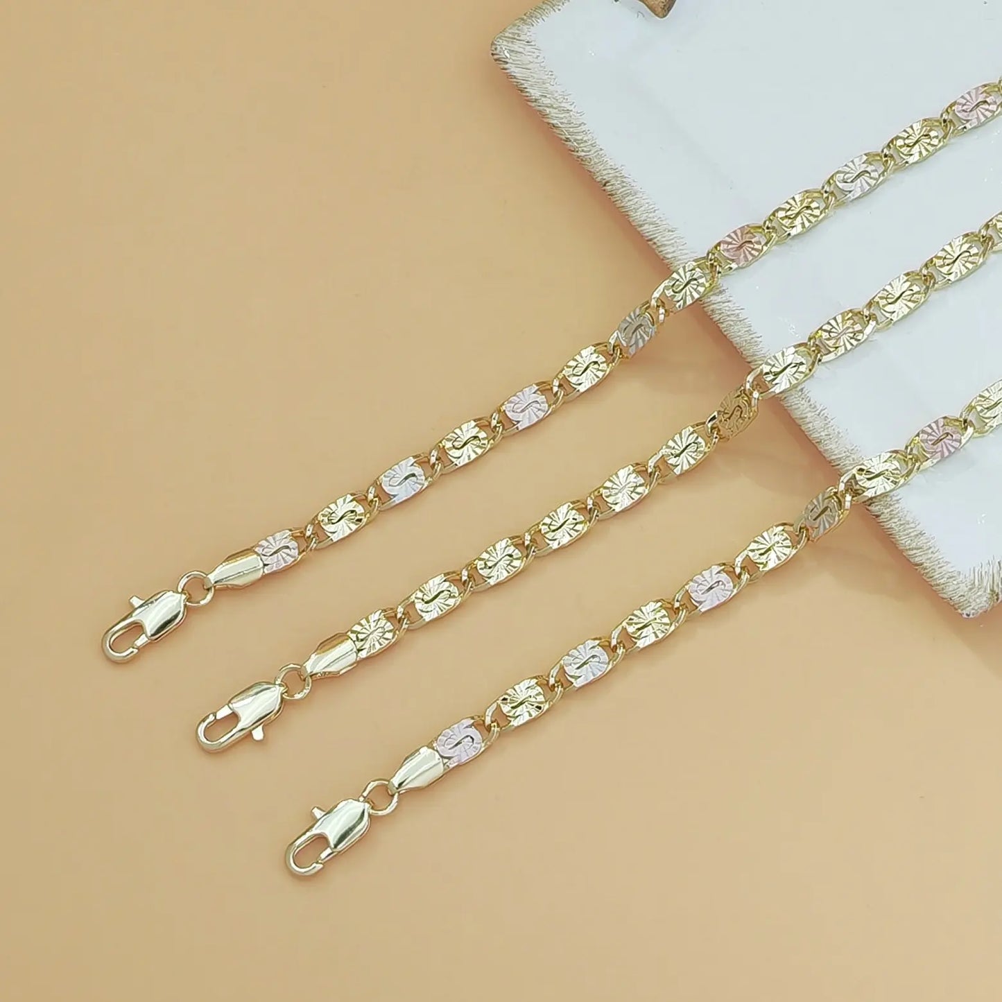 14K Gold Tri-Color Mariner Link Bracelet | Floral Engraved Bracelet for Women