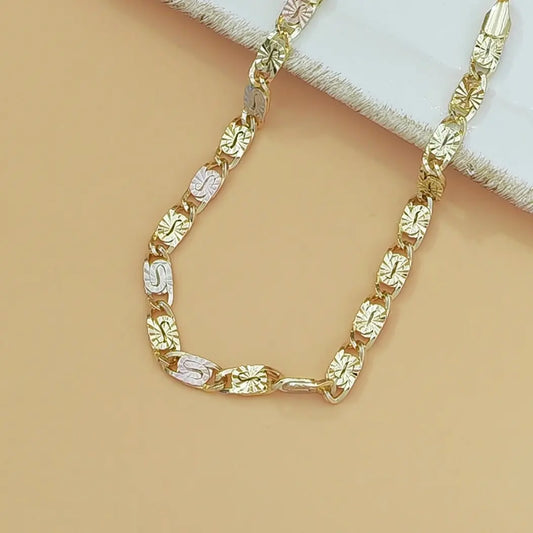 14K Gold Tri-Color Mariner Link Bracelet | Floral Engraved Bracelet for Women