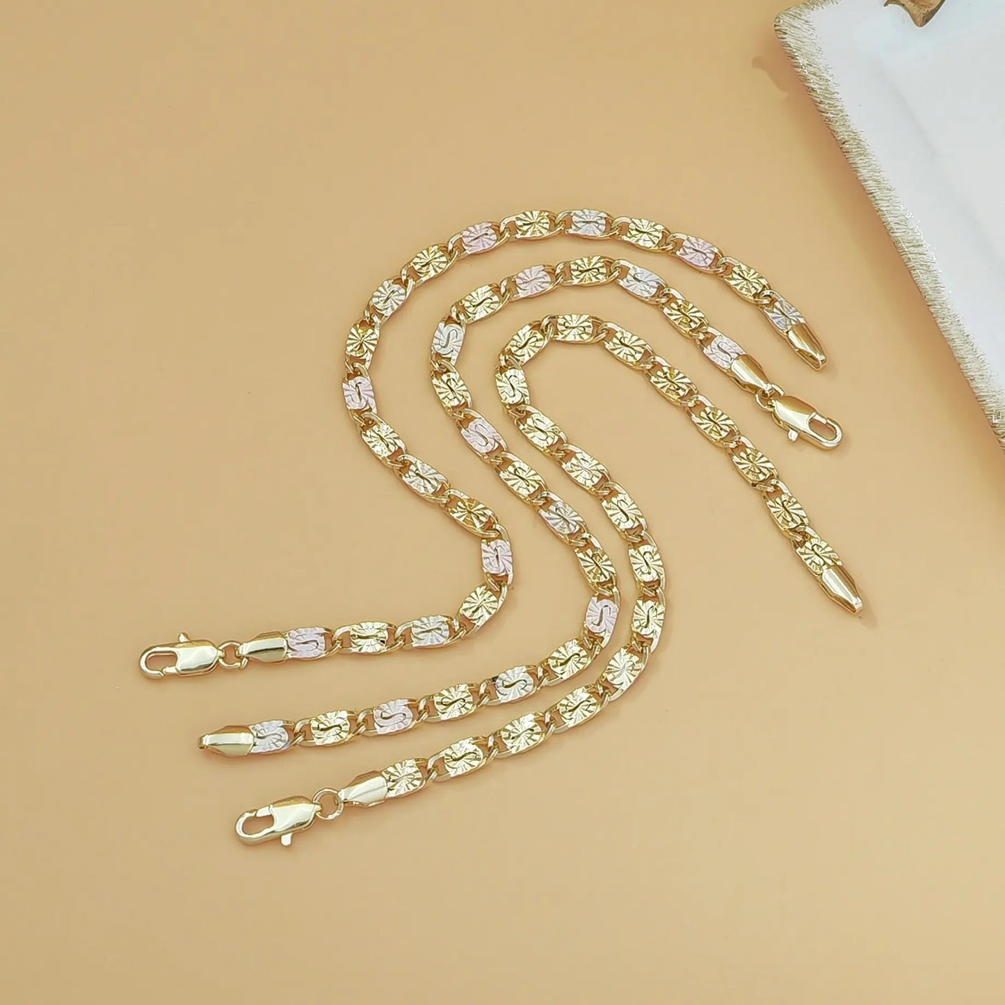 14K Gold Tri-Color Mariner Link Bracelet | Floral Engraved Bracelet for Women