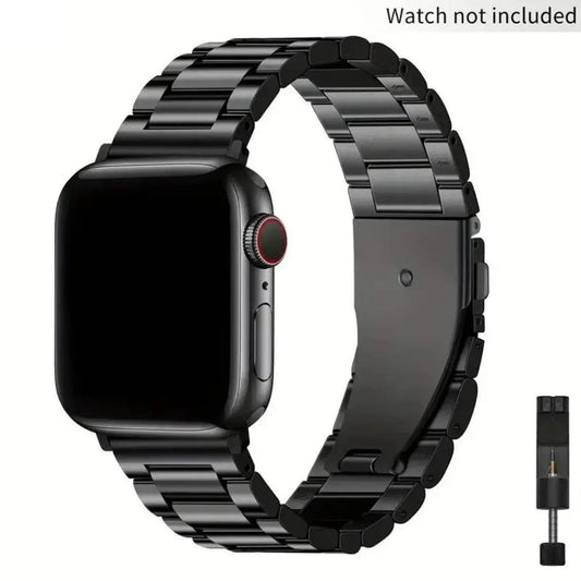 Stainless Steel Apple Watch Band – Three-Bead Link Metal Strap with Folding Clasp