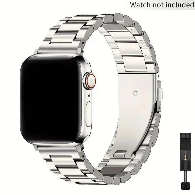 Stainless Steel Apple Watch Band – Three-Bead Link Metal Strap with Folding Clasp