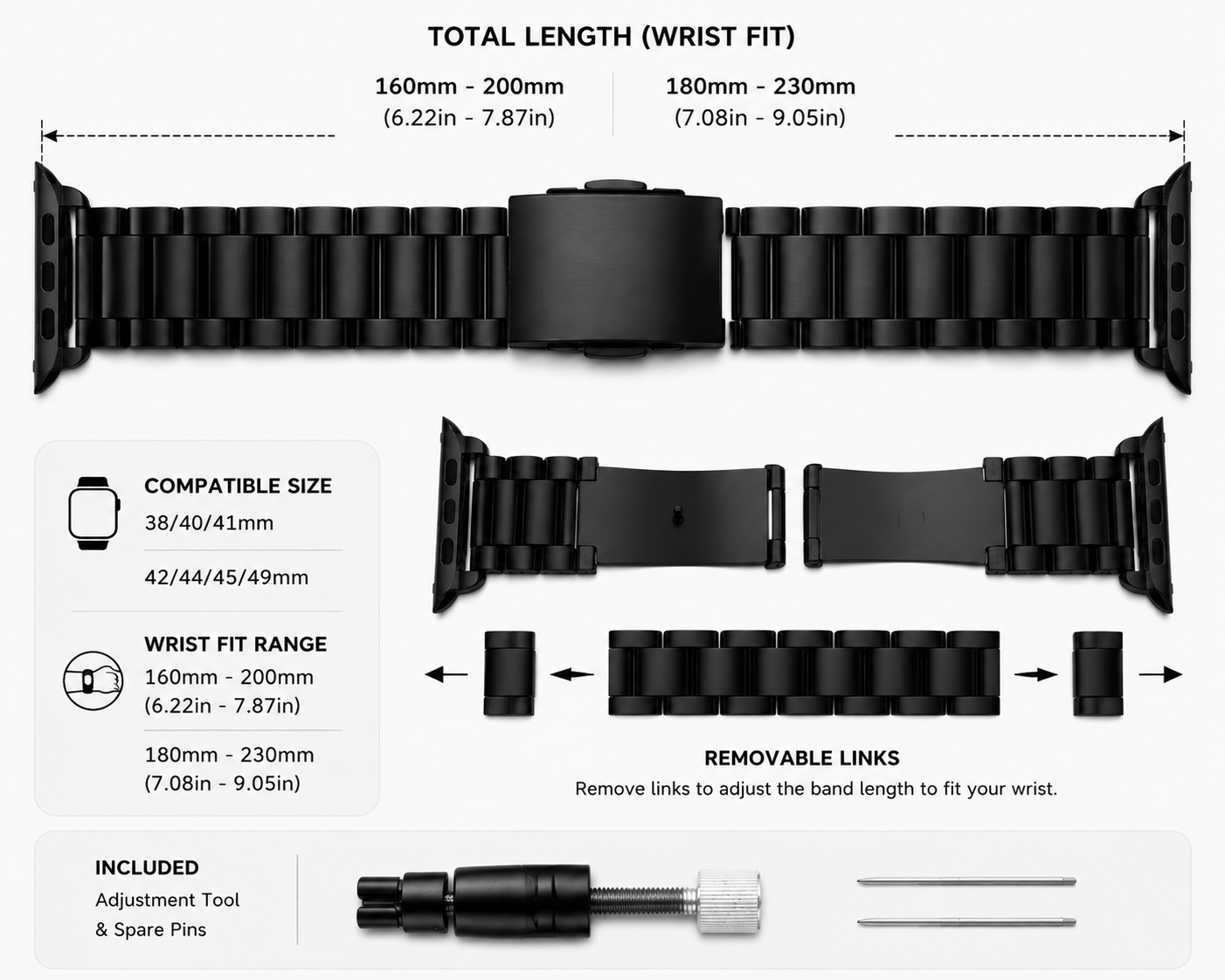 Stainless Steel Apple Watch Band – Three-Bead Link Metal Strap with Folding Clasp