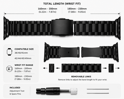 Stainless Steel Apple Watch Band – Three-Bead Link Metal Strap with Folding Clasp