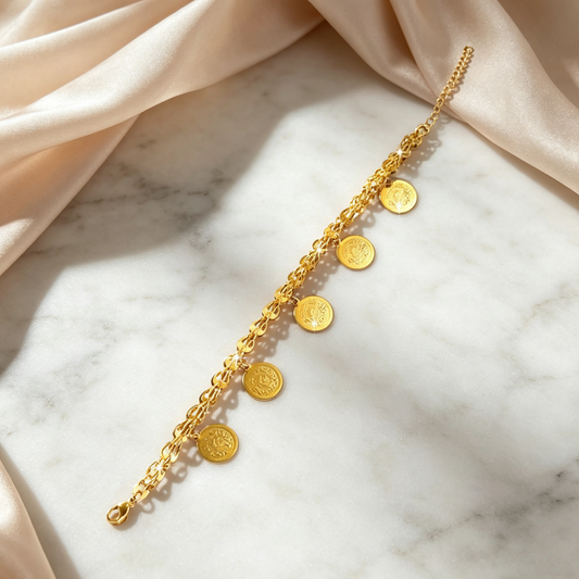 24K Gold Plated Phoenix Coin Bracelet | Vintage Boho Charm Bracelet for Women